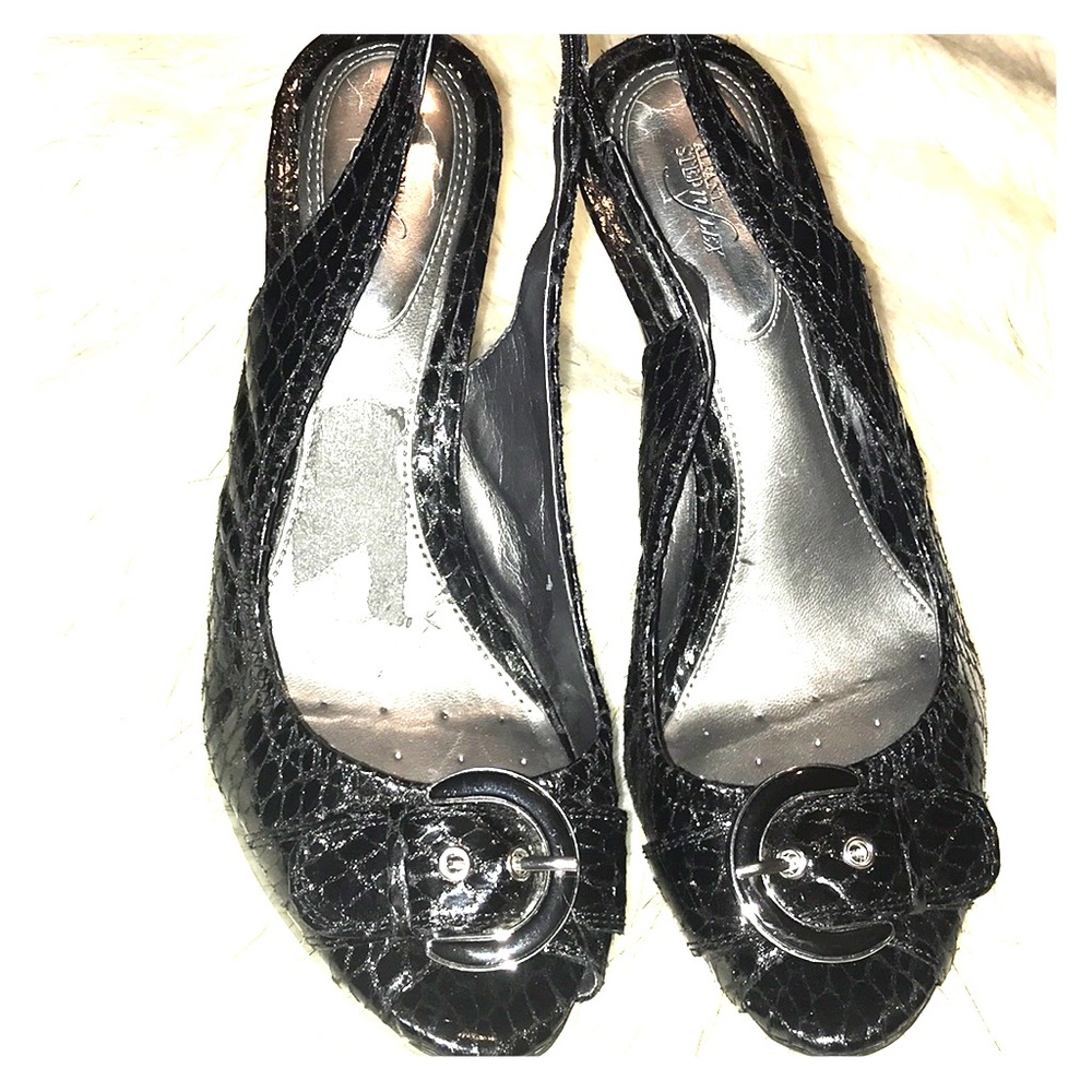 - Alfani sling back heels black buckle peep toe heels 7.5